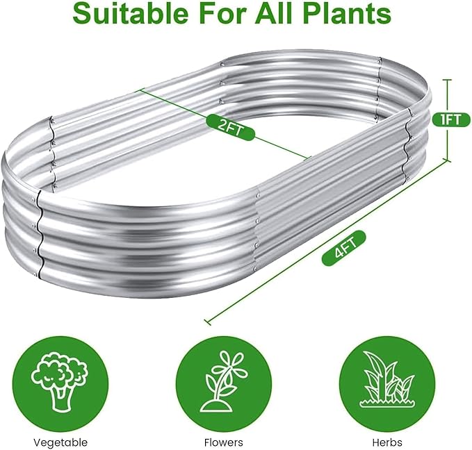 AHEONLAR 2 Pack 4x2x1ft Galvanized Raised Garden Bed Kit, Oval Large Metal Planter Box, Sturdy and Durable, Garden Boxes Outdoor Raised for Vegetables, Fruits, Flowers and Herbs(Silver)