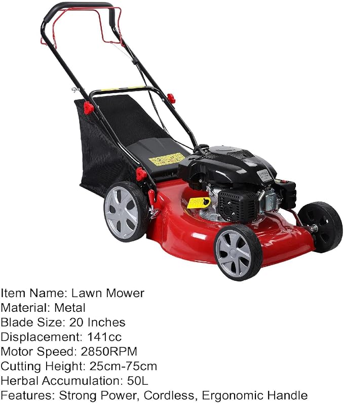 Self Propelled Gas Lawn Mower, 141cc 4-Stroke Engine with 20 Inch Deck & 50L Grass Bag, Walk Behind Lawn Mower, 7 Height Adjustments & Foldable Handle for Home Yard Red