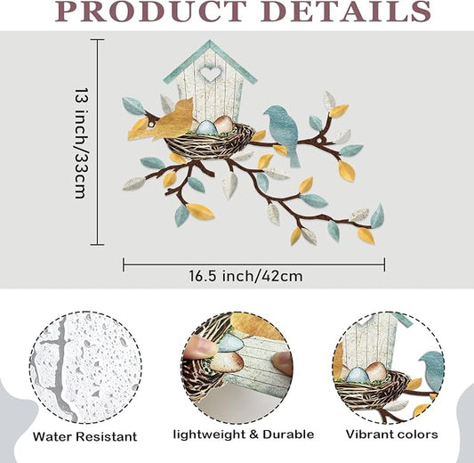 COLOR VALLEY ART-Metal Bird Wall Art Birds on The Branch Wall Decor Leaves with Birds Sculpture Bird Silhouette Metal Ornament Branch Wall Hanging Sign for Balcony Garden Decor (Teal White-16.5''x13'')