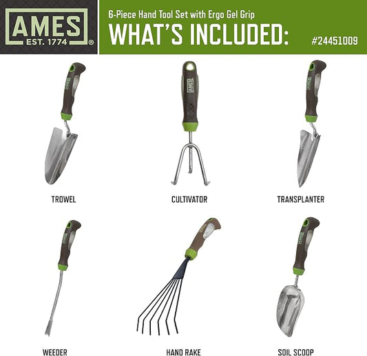 AMES 24451009 6-pc. Ergo Gel Grip Garden Tool Set with Hand Trowel, Weeder, Rake, Transplanter, Scoop & Cultivator