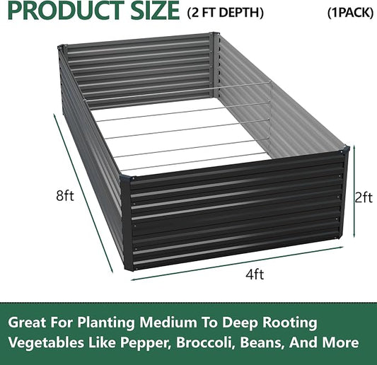 Vengarus 8x4x2ft Galvanized Raised Garden Bed,Metal Raised Beds Kit Black | 2FT Deep Root Elevated Garden Planter Box, Corrugated Steel, Open Bottom, Rustproof All Weather, Large Vegetable Flower Bed