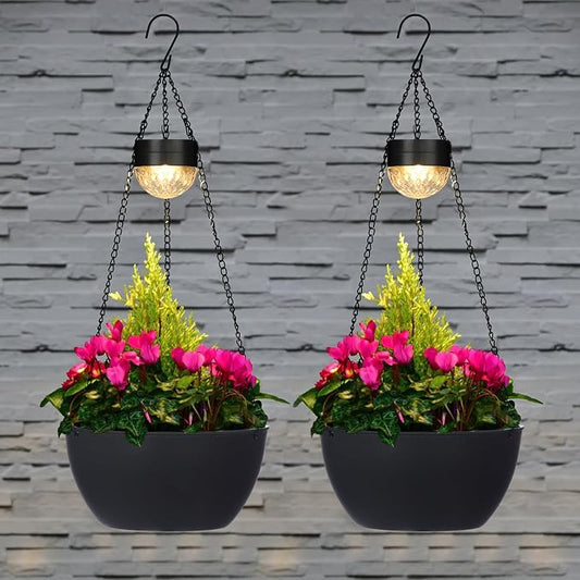 BAYN 2 Packs Solar Hanging Basket Planters for Plants Outdoor | Self Watering, Black Flower Pots with Solar Light , Hanging Planters with Drainer for Balcony Patio Garden Decoration