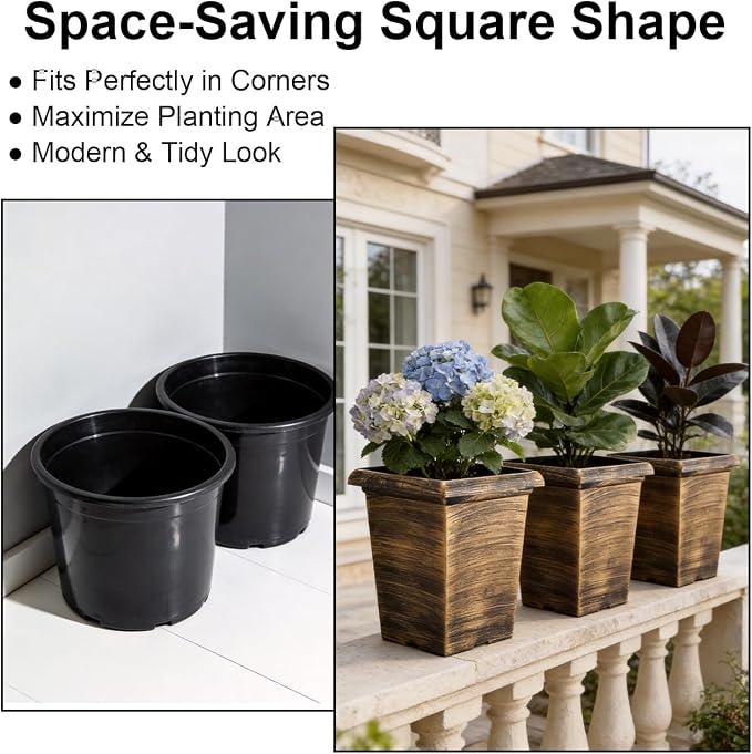 Tall Outdoor Square Planter - 4 Pack 10 Inch Vintage Gold Faux Metal Plant Pot with Drainage Holes & Raised Feet, 13" H Deep Root Plastic Flower Pots for Indoor Outdoor Plants, Trees, Roses