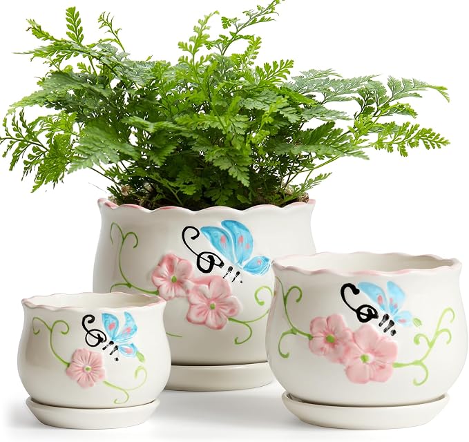 Flower Pots, Ceramic Plant Pots Set of 3, Small Succulent Pot with Drainage | 4/5.2/6.6 Inches, Cactus Planter with Saucer, Indoor Garden Pots