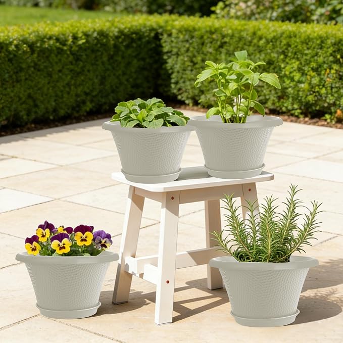 Quarut 12 Inch Pots for Plants,4 Pack Large Flower Pots with Saucer | Modern Planters for Indoor Outdoor Plants,Decorative Resin Garden Pots with Drainage Holes(Beige)