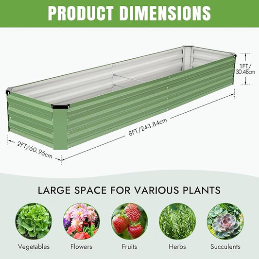 INNO STAGE Galvanized Raised Garden Bed Kits, 8x2x1ft Metal Raised Garden Beds Outdoor, Large Steel Raised Planter Bed with Gloves for Vegetables & Flowers Patio Ground Planter Box(Olive Green, 2PCS)