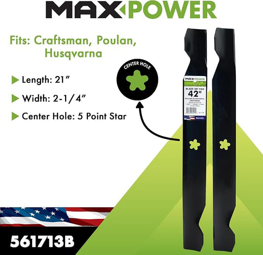 MaxPower 561713B 2-Blade Set for 42" Cut Poulan/Husqvarna/Craftsman Replaces 138498, 138971, 127843, 532138971, 532127843, 532138498, CMXGZAM110136 | For 42" Cut Poulan, Husqvarna, Craftsman Replaces 138498, 138971, 127843, 532138971, 532127843, 532138...