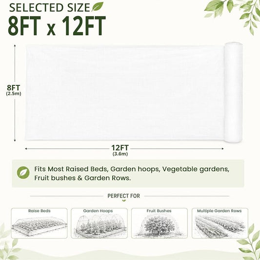 8x12Ft Garden Netting, Fine Mesh Insect Netting for Plant Protection, Mosquito Bug Bird Barrier Mesh Cover for Vegetables Fruits Flowers Raised Beds