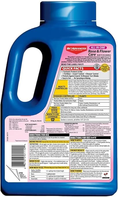 BioAdvanced All-In-One Rose and Flower Care Granules - Fertilizer, Insect Control & Disease Control - Prevents Pests and Diseases - Up to 6 Weeks Protection - Plant Food - 4 lb Bottle