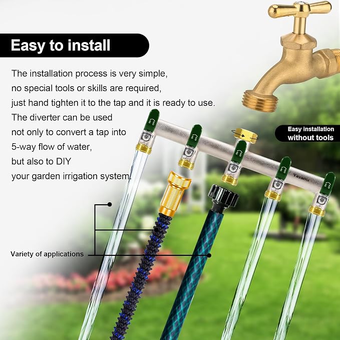 5 Way Garden Hose Splitter, Heavy Duty Brass Nickel Plated Rust Resistant Faucet Manifold, 3/4" Frost Resistant Outdoor Hose Adapter Connector,Hose Spigot Adapter with 5 large Green handles