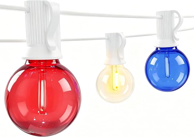4th of July G40 LED Red White and Blue Lights, 25ft Outdoor String lights | Hanging Patio Lights with 27 Shatterproof Round Bulbs, Plug in, Connectable, Independence Day Decoration Patriotic Party