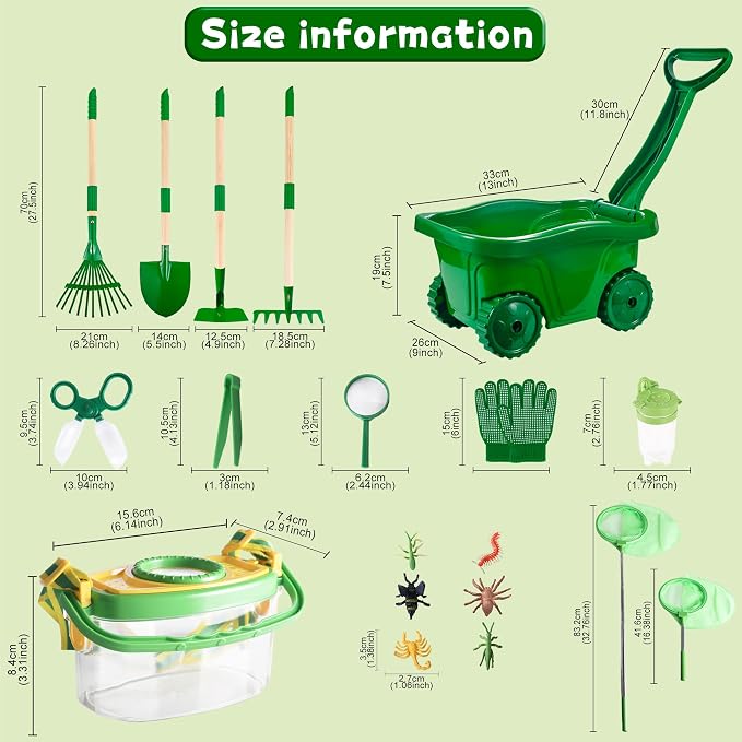 Kids Gardening Tools and Bug Catcher Kit with Wheelbarrow Sets, Ages 2 3+ | Shovel, Rake, Bug Catcher Kit, Summer Outdoor Yard Digging Weed Tools, Easter Birthday Gift for Boys Girls, Green