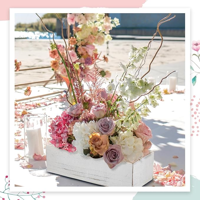 Dandat 12 Set Wood Boxes for Centerpieces 12x4 Inch Rectangle Wooden Planter Box Rustic Wooden Planters with Removable Plastic Liner Floral Foam Blocks for Christmas Wedding Home Garden Decor(White)