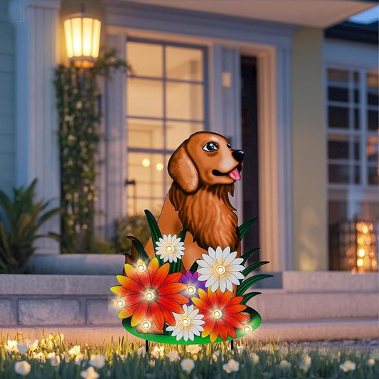 WONDER GARDEN Decorative Garden Stakes - Lighted Dog and Flower Yard Sign Stakes Spring Signs for Outdoor, Porch, Yard,Flower Bed Decor