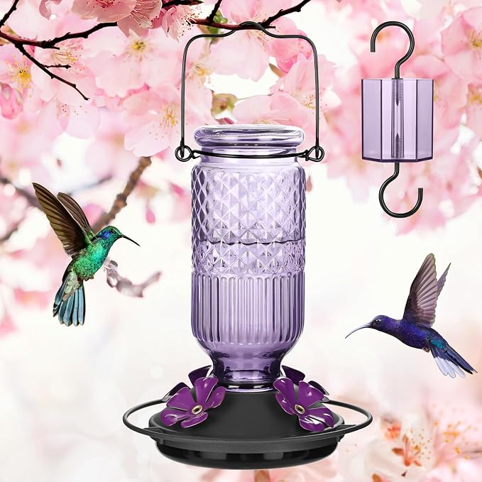 FEED GARDEN Glass Hummingbird Feeder for Outdoors Hanging, 16 oz Leak-Proof Nectar Feeder with Bee Guards & Ant Moat, 4 Metal Flower Feeding Ports, 360° Perch Ring, Easy Refill & Clean, Purple 2 Pack