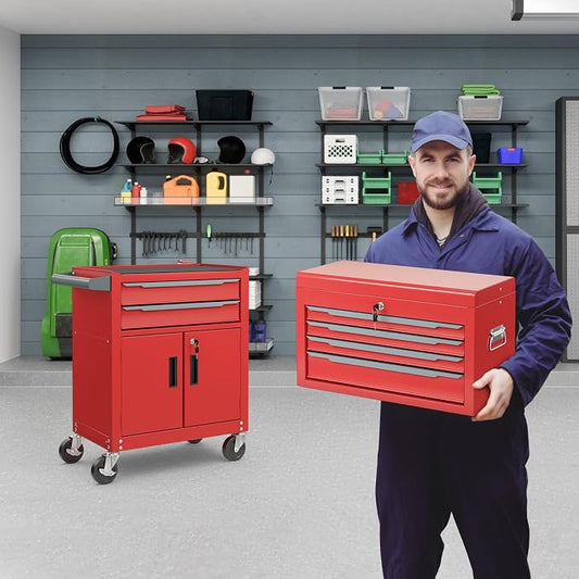 ERGOMASTER Large Rolling Tool-Chest with 6 Drawers Heavy Duty Tool-Cabinet on Wheels Lockable and Lock System for Garage Workshop(28 x 13 x 44โ-Red)
