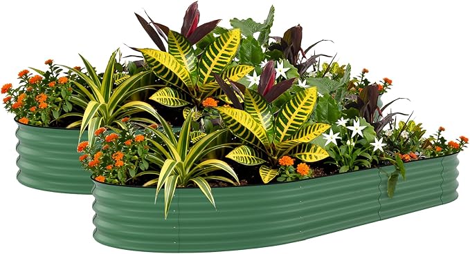 GarveeTech Oval Raised Garden Bed 10x4x1.5 ft - 0.6mm Thick Metal Raised Bed, Rust & Corrosion Resistant, Open Bottom for Drainage, Anti-Cut Strip Included, for Vegetables Flowers Planting, 2 PCS