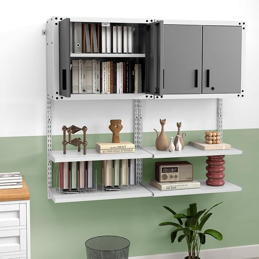 Goplus Garage Wall Cabinet, Metal Wall Mounted Tool Storage Chest with 3 Adjustable Shelves, Lockable Doors, Keys, Hanging Tool Cabinet for Workshop, Basement, Kitchen