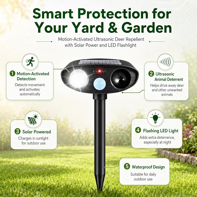 2026 4Pack Sonic Fortress Pro Deer Repellent Devices Solar Ultrasonic Animal Repellent with Motion Sensor&Flash Light-IP65 Waterproof Cat Repellent Outdoor,Rabbit Fortress Pro for Flowers,Plant