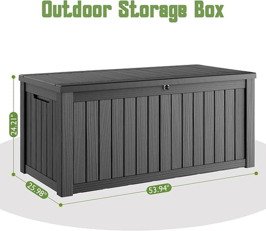 Outdoor Storage Box, 150 Gallon Deck Box with Lockable Lid, Waterproof Resin Storage Bin for Cushions, Garden Tools, Patio Furniture, Black