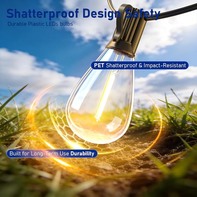 150FT Outdoor String Lights with Remote & Dimmable, 55+2 Shatterproof Waterproof Bulbs, Dimmable Outside Hanging Patio Lights for Backyard, Porch, Deck, Garden 2200K Warm White