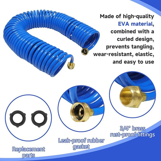 Coil Hose,3/8" EVA Coil Garden Hose 25 FT,Curly Water Hose Lightweight with Brass Connectors,Recoil Garden Hose Includes 8-Pattern Spray Nozzle for Boat, Yard, Patio