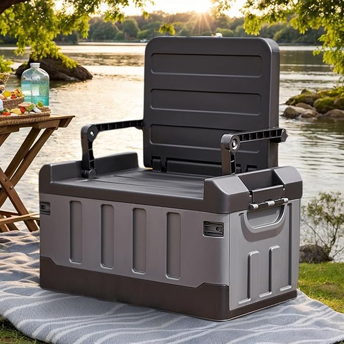 Versatile Foldable Seatable Camping Box Car Organizer Heavy Duty Storage Bins With Lids Box Trunk,Durable Plastic,60L Can Store Clothes, Camping Equipment in Large Capacit (black)