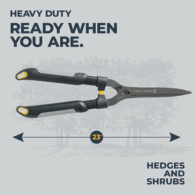 Woodland Tools Heavy Duty Hedge Shears, 23 Inch Manual Hedge Clippers with 10 Inch Lever-Assist Blades and Non Stick Coating, Branch Trimmer for Dense Shrubs and Overgrown Hedges