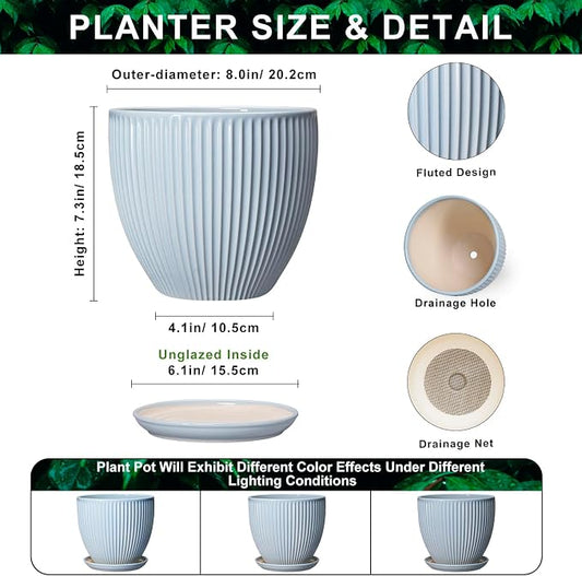 8 Inch Plant Pot Indoor, Ceramic Flower Pots with Drainage Hole and Saucer, Round Plant Pot for Indoor House Plants, Modern Plant Pot Indoor, Office Home Decor, House Warming Gifts, Light Blue