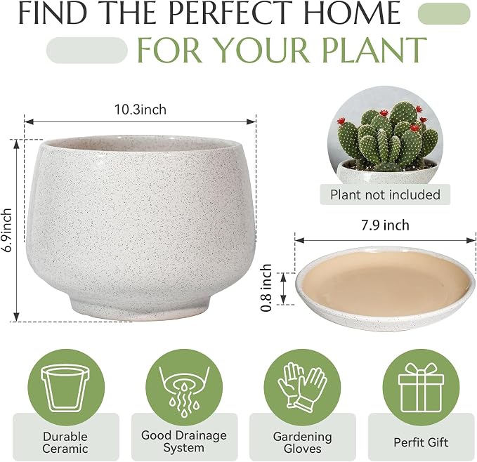 10.3 Inch Flower pots for Indoor Outdoor Plants with Saucer Drainage Leak-Proof Mesh, Ceramic Planter with Gardening Gloves for Succulent and Flower (Matte White)