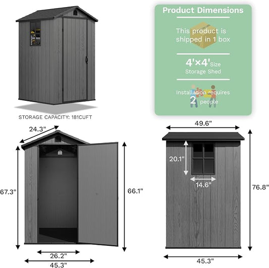 Greesum 4x4FT Plastic Storage Shed with Floor, Resin Outdoor Storaged Sheds with Lockable Door, All Weather Durable Tool Shed with Window and Vent, for Garden, Patio, Yard, Dark Gray