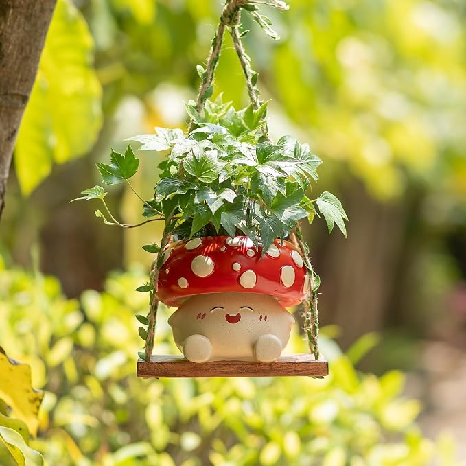 Cute Mushroom Decor for Outdoor Garden: Gardening Plant Gifts for Women Mother Plant Lovers - 3.9inch Opening Cute Smiley Hanging Planter Pot with Drainage for Pearls Succulents