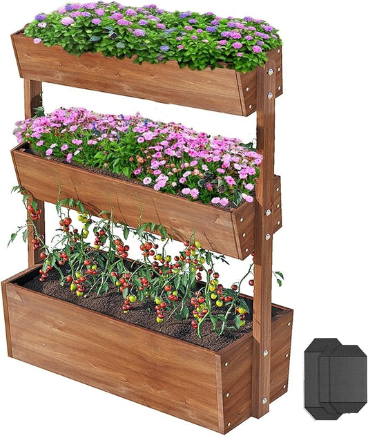 Raised Garden Bed,3 Tier Vertical Garden Planter,Planter Box,Fir Wood Adjustable Freestanding Elevated Herb Stand Tower,Flower Strawberry Vegetable for Outdoor Indoor Balcony,33x17x46,Brown