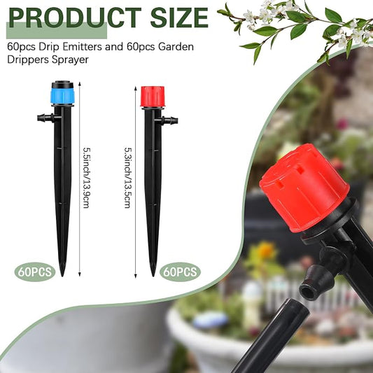SiliFine 120 Pcs Drip Irrigation Emitters for 1/4'' Drip Irrigation Tubing 60 Irrigation Emitters Sprayer 60 Adjustable 360 Degree Water Flow Drippers for Patio Lawn Garden Watering