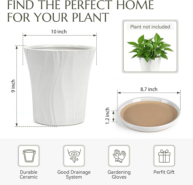 10 Inch Ceramic pots for Plants with Saucer Drainage Leak-Proof Mesh, Round Plant Pot with Gardening Gloves for Indoor Outdoor Plants (Rippled White)