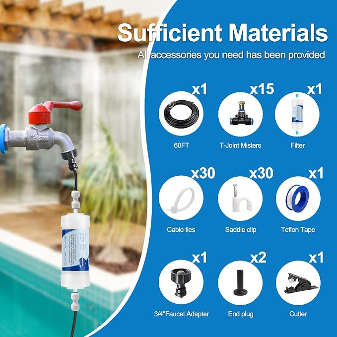 Misters for Outside Patio, Outdoor Water Misting Cooling System w Filter, 60FT|18M. Backyard Mist Kit for Garden, Greenhouse, Fan,Deck,Umbrella,Canopy,Pool,Porch,Trampoline,Park,BBQ Party Accessories