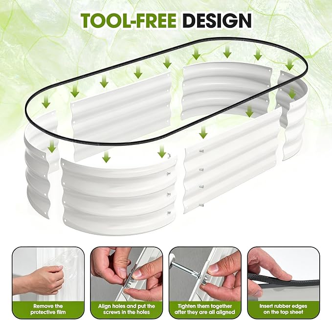 4x2x1ft(2 Pack) Galvanized Raised Garden Bed Outdoor, Oval Large Metal Planter Garden Boxes for Gardening, Planting Deep Root Vegetables, Herbs, Fruits, Flower, Rustproof, Rubber Strip, White