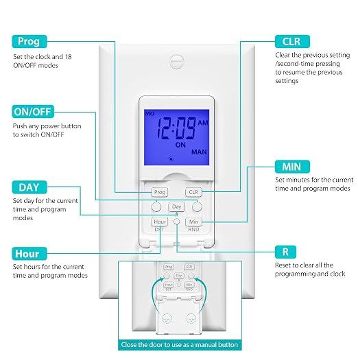BN-LINK 7 Day Programmable in-Wall Timer Switch for Lights, Digital Light Switch Timer Indoor, Single Pole and 3 Way (Compatible with SPDT) Both Use, Neutral Wire Required, Blue Backlight, ETL Listed
