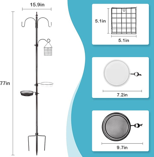 YINGYM Bird Feeder Stand Pole,77 Inch Feeding Station Kit for Outside, Wild Bird Feeder Hanging Kit with Metal Suet, Bird Bath and Mesh Tray, 3-Prong Base