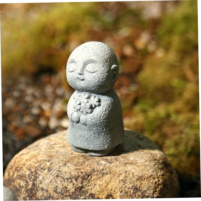 Buddha Statue Indoor, Jizo Monk Praying Small Buddha Statue Holding Flowers, Zen Desk Decor for Home Office, Japanese Garden, Small