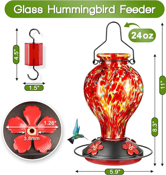 Hand Blown Glass Hummingbird Feeders for Outdoors Hanging, 24oz Wild Bird Nectar Feeder with Ant Moat and Perch, Bee-Resistant Ports, Garden Decor, Gifts for Women Mom, 1 Pack, Red Polka Dots
