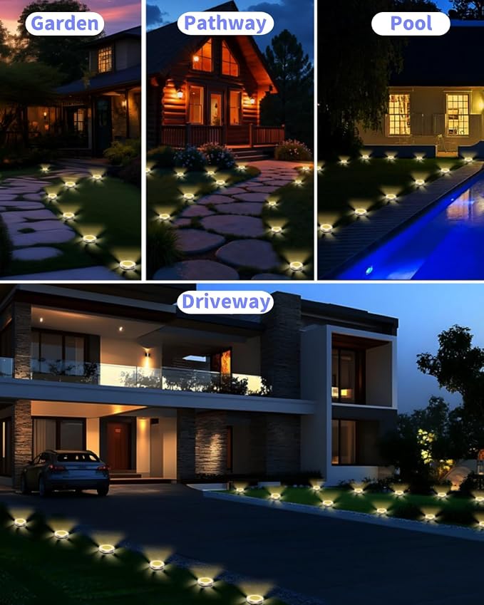 Solar Ground Lights Outdoor 26 Pack Waterproof, Upgraded Solor Garden Lights with 4 Side Light, Stainless Steel Salor Powered Disc Landscape Light for Walkway Pathway Lawn Yard Patio Deck-Warm White