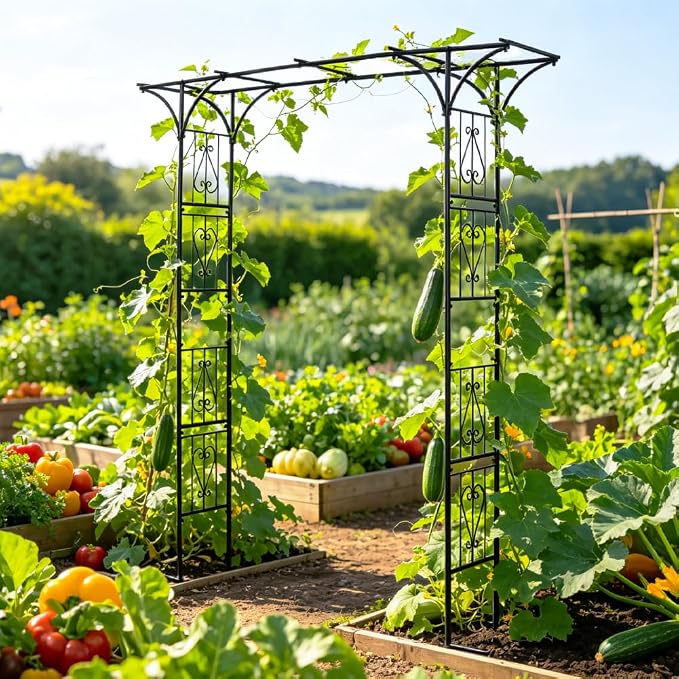 86" Garden Arbor Metal Arch Trellis for Climbing Plants with Standing Base | Outdoor Arbors Archway Pergola for Wedding Ceremony Party Decoration Flat Top Trellises for Rose Vine Backyard Lawn Patio