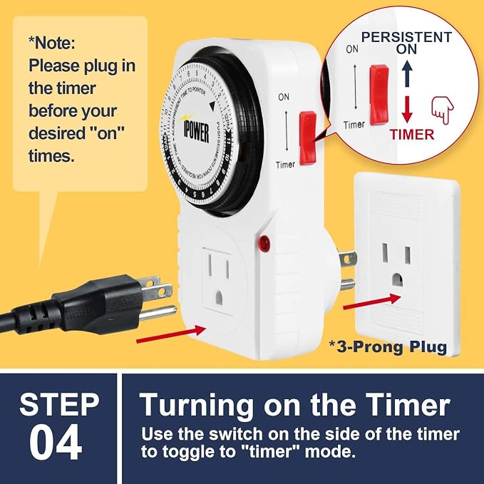 iPower 24 Hour Plug-in Mechanical Electric Outlet Timers Switch Programmable Indoor, Accurate Heavy Duty 3-Prong for Lamps Fans Christmas String Lights, AC 1725W 1/2 HP, UL Listed