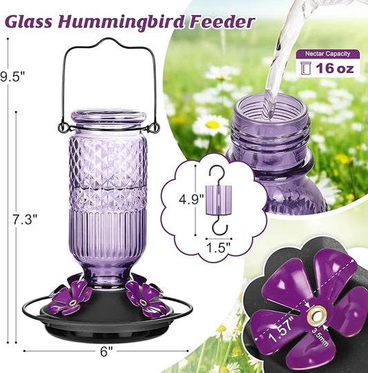 FEED GARDEN Glass Hummingbird Feeder for Outdoors Hanging, 16 oz Leak-Proof Nectar Feeder with Bee Guards & Ant Moat, 4 Metal Flower Feeding Ports, 360° Perch Ring, Easy Refill & Clean, Purple 2 Pack