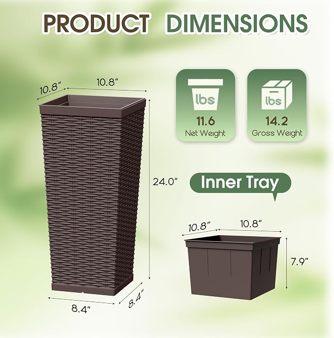 24 Inch Tall Plastic Planters (Set of 2), Detachable Inner Pot & Drainage Holes, Outdoor Decorative Flower Pots for Large Plants, Trees, Patio, and Garden, Brown