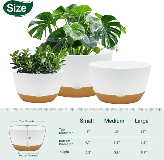 Koalaime 8/10/12 Inch Pots for Indoor Plants, Large Self Watering Planters with Drainage and Saucers, Plastic Outdoor Flower Pot, Set of 3, White