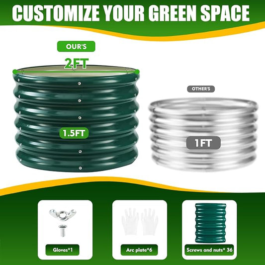 TBMLC 17" Tall Elevated Round Metal Rised Garden Bed- 2'x2' in Size and 0.8MM Thick Durable Planter Box for Vegetables Flowers Succulent at Patio/Garden Outdoor (Dark Green, 2FT Diameter)
