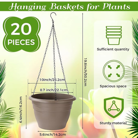20 Pack 10 Inch Plastic Hanging Planter Bulk Brown Hanging Baskets for Plants with Drainage Trays Self Watering Plant Pot Outdoor Indoor Planter for Garden, Balcony, Porch, Patio Decor