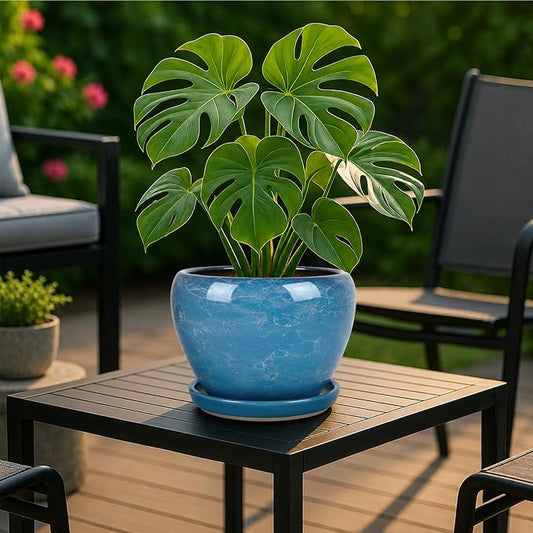 Deep Dream 8 Inch Plant Pots- Ceramic Pots for Plants with Drainage Hole and Saucer, Large Planter Pot for Indoor Plants Outdoor Decor, Gemstone Blue
